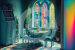imaginary furniture in imaginary rooms Ã¢â¬â AI generated rooms with colorful glass tiles and unique furniture. Generative AI