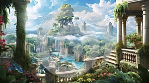 Imaginary Garden on an unknown world with high trees some flowers and few waterfalls with quiet water and some stones columns with