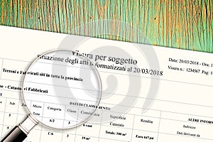 Imaginary italian cadastral document with cadastral information for land and buildings property - concept image