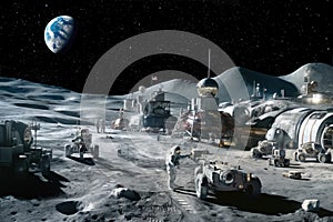 Imaginary lunar base with futuristic architecture, astronauts going about their duties, and vehicles designed for moon terrain.