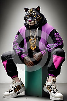 imaginary photo of the style of anthropomorphic animals fashion shoot wearing large hip-hop clothes from 1990s.