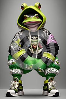 imaginary photo of the style of anthropomorphic animals fashion shoot wearing large hip-hop clothes from 1990s.