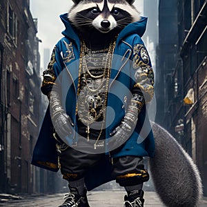 imaginary photo of the style of anthropomorphic animals fashion shoot wearing large hip-hop clothes from 1990s.