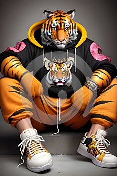 imaginary photo of the style of anthropomorphic animals fashion shoot wearing large hip-hop clothes from 1990s.