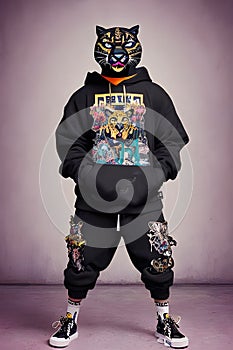 imaginary photo of the style of anthropomorphic animals fashion shoot wearing large hip-hop clothes from 1990s.