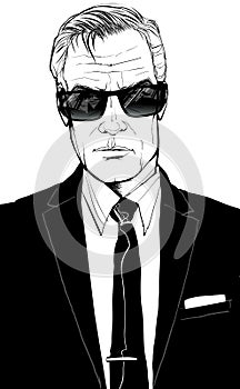 Imaginary portait of a mature business man in suit, tie and sunglasses