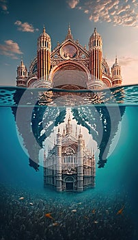 Imaginary surreal Venice over water and under water, split frame, AI generative