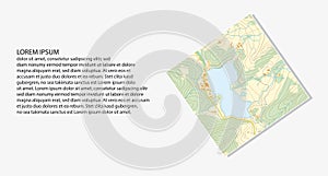 Imaginary topographic map of territory with rivers, lakes and roads