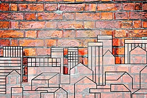 Imaginary urban skyline of a modern hypothetical city on a brick wall - concept image with copy space