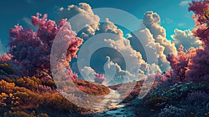 An imaginary vibrant landscape with fluffy clouds and trees
