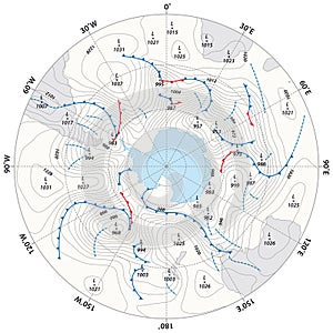 Imaginary weather map Antarctica with isobars and weather fronts photo