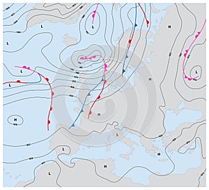 Imaginary weather map europe showing isobars and weather fronts