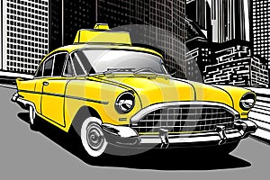 Imaginary yellow taxi car and the city street