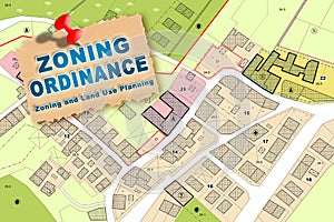 Imaginary Zoning Ordinance, General Urban Plan with indications of urban destinations with buildings, buildable areas, land plot