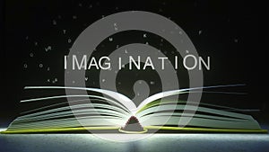 IMAGINATION caption made of glowing letters from the open book. 3D rendering
