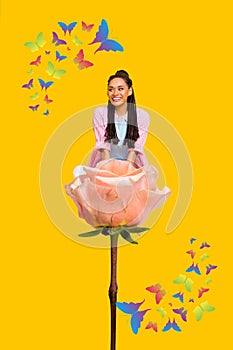 Imagination collage illustration of dreaming woman sitting pink rose flower princess look at butterflies isolated on