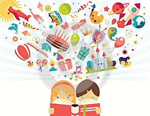 Imagination concept, boy and girl reading a book objects flying