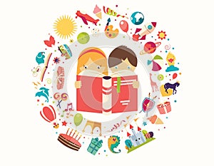 Imagination concept, boy and girl reading a book objects flying