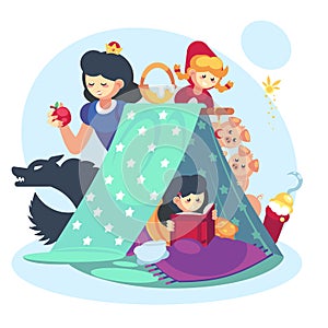 Imagination concept, child little girl with open book. Fairy Tales character Blanket fort happy childhood