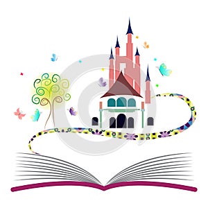 Imagination concept fantasy book castle tree butterflies story myth storybook