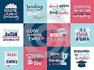 Imagination concept love reading motivation hand drawn lettering quotes story book vector illustration template design.