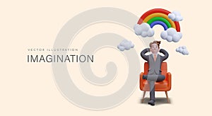 Imagination concept. Man in office suit sits under rainbow