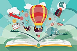 Imagination concept - open book with air balloon