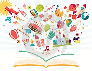 Imagination concept - open book with air balloon, rocket, airplane flying out photo