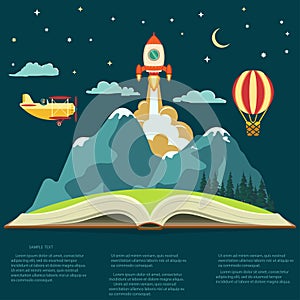 Imagination concept, open book with a mountain, flying rocket, air balloon and airplane