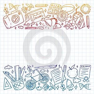 Imagination and creativity icons. School. Reading, chemistry, online education.