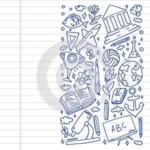 Imagination and creativity icons. School. Reading, chemistry, online education.