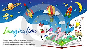 Imagination, creativity, new idea concept - open book with rocket, unicorn, earth, air balloon, jupiter, moon, stars