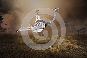 Imagination, Girl Flying Ostrich, Nature, Surreal