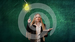 Imagination in problem solving concept. Portrait of woman isolated on green background light bulbs image on top. Girl