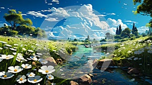 Imaginative 3D Wallpaper of White and Green Riverscape with Anime Aesthetic and Realism