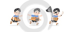 A imaginative asain boy be happy with playing car, airplane, boat cardboard box on white background, illustration vector. Kids