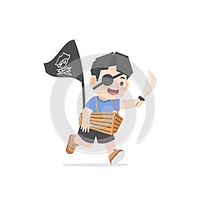 A imaginative asian boy be happy with boat cardboard box playing like pirate on white background, illustration vector. Kids