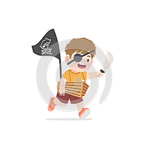 A imaginative boy be happy with boat cardboard box playing like pirate on white background, illustration vector. Kids concept