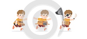 A imaginative boy be happy with playing car, airplane, boat cardboard box on white background, illustration vector. Kids concept