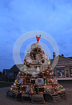 Imaginative Christmas tree made from lobster traps and beach themed ornaments, York, Maine, 2017