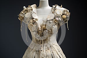 imaginative dress made of unconventional materials, such as ceramic and wire