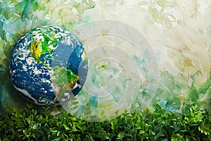 Imaginative Earth Day, watercolor Earth fighting plastics, large text space, uncluttered background photo