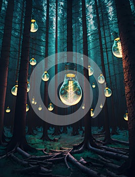 imaginative illustration of a forest illuminated by many light bulbs making it fascinating