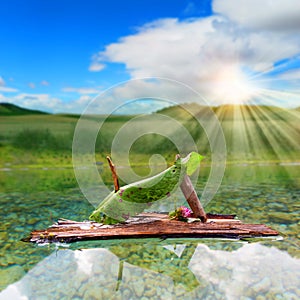 Imaginative little sail boat in a mountain lake