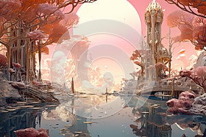 Imaginative pink mindscape, where thoughts and emotions manifest as surreal landscapes