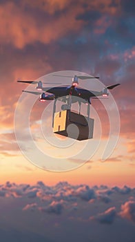 An imaginative rendering of a delivery drone against a sunset sky, carrying a package, evoking concepts of future