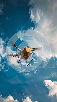 An imaginative rendering of a delivery drone against a sunset sky, carrying a package, evoking concepts of future