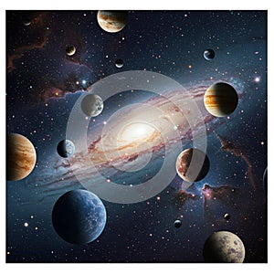 An imaginative space scene featuring various planets and celestial