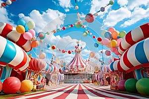 Imaginative street with colorful circus tents and balloons generated by artificial intelligence