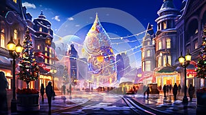 Imagine a bustling city on Christmas Eve, alive with bright lights and the energy of the holiday season, generative ai